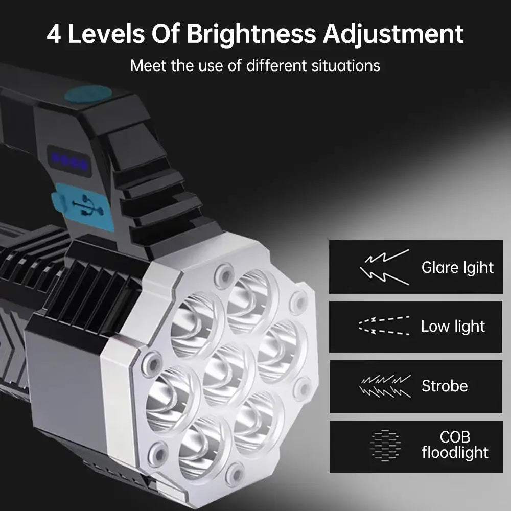 Multi-LED flashlight or spotlight with adjustable brightness levels and lighting modes.