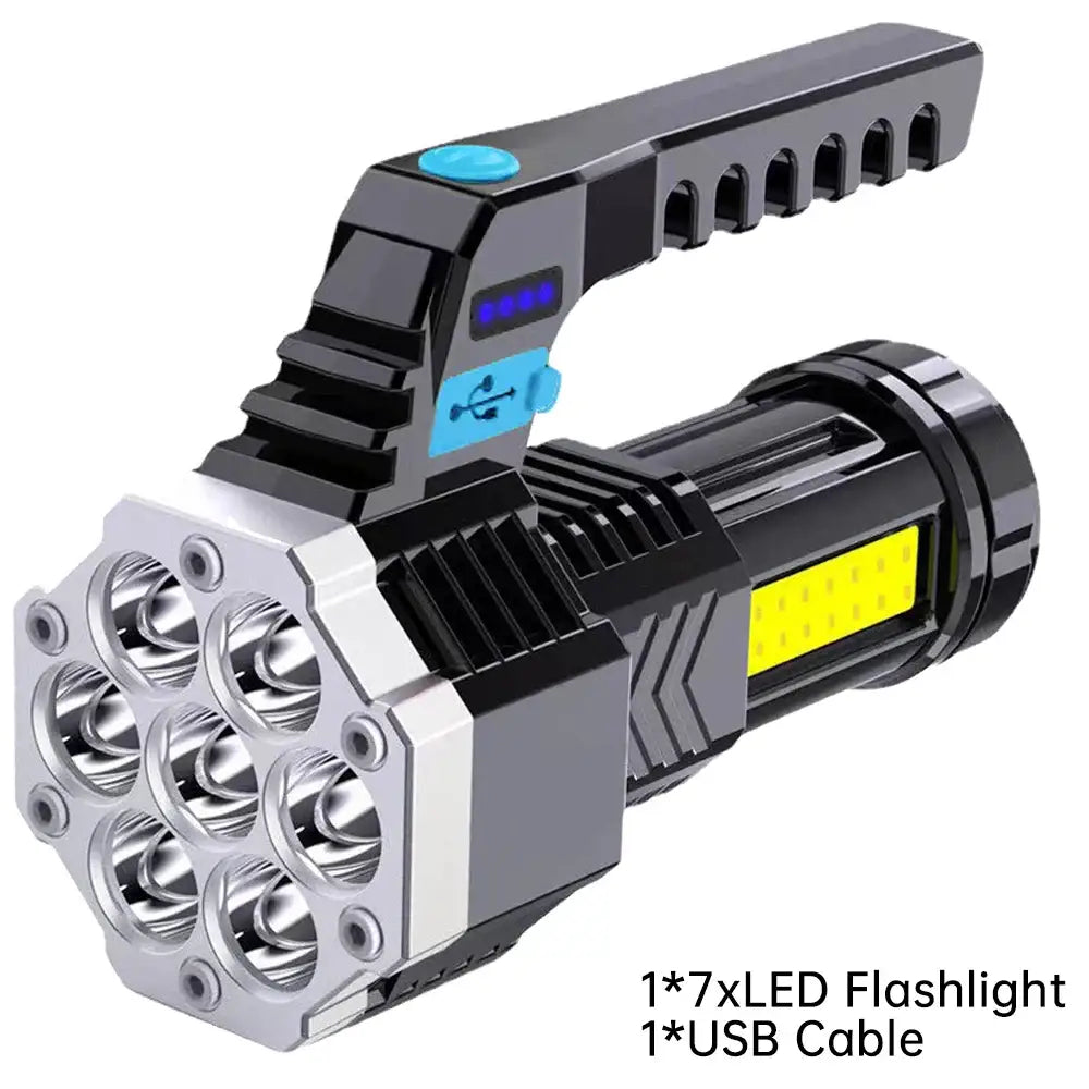 Powerful handheld LED flashlight with multiple light bulbs and a USB charging port.