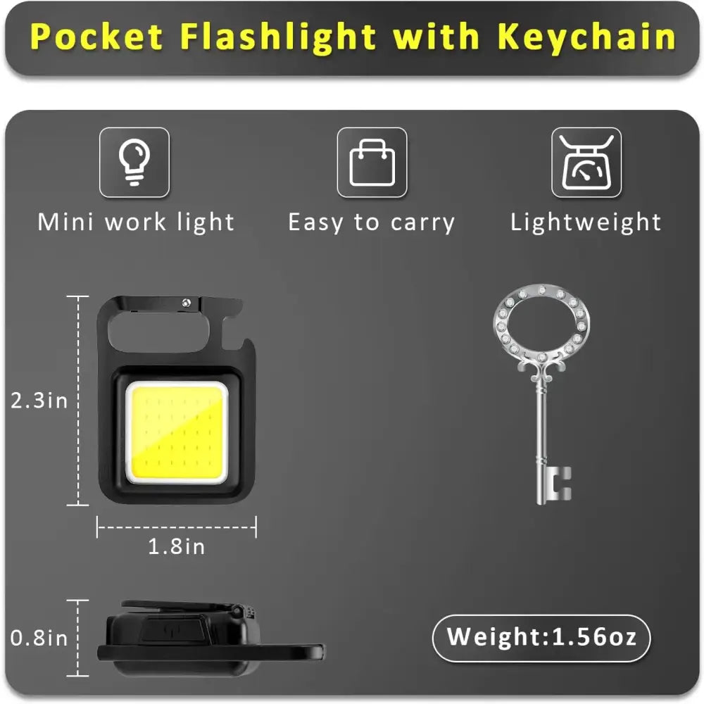 Compact black flashlight with a bright yellow light panel and attached keychain.