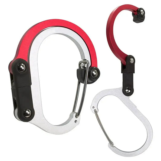 Carabiner-style clip with red and white sections and a curved hook attachment.