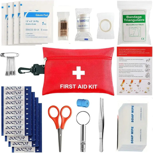 Red first aid kit pouch with various medical supplies displayed around it.