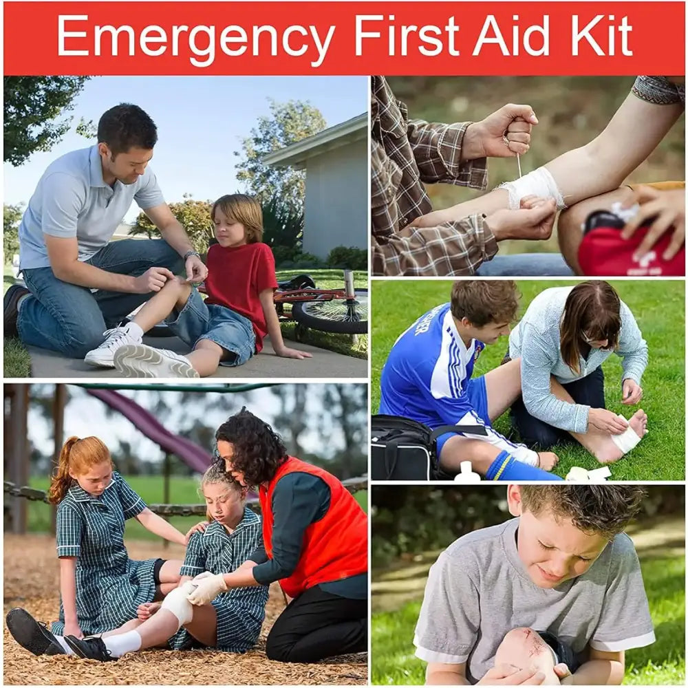 Collage of images showing first aid being administered in various outdoor settings.