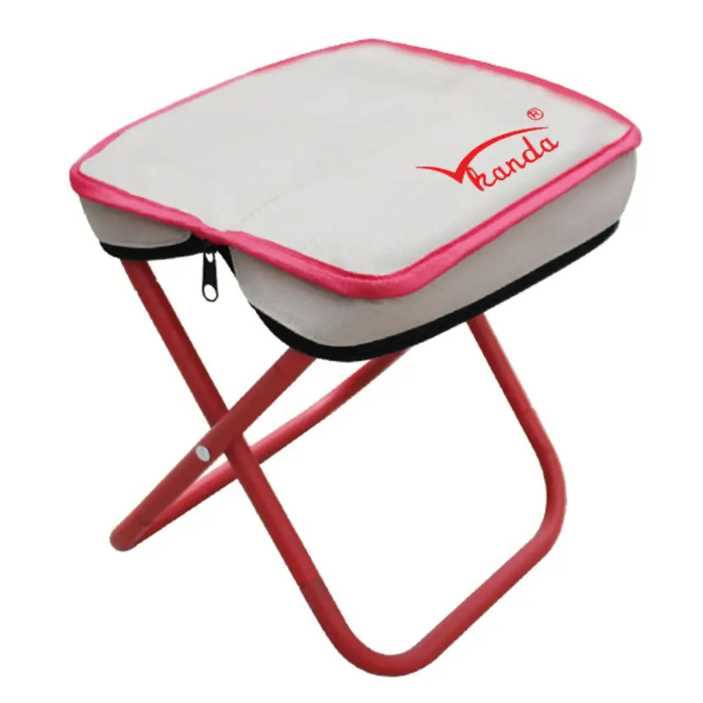 Portable folding stool with a padded seat and pink trim, branded with ’Kando’ logo.