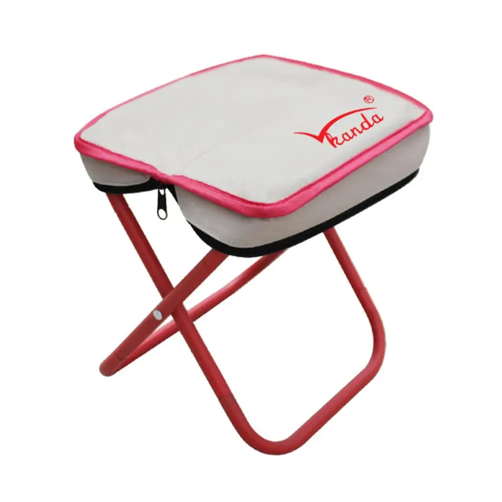 Portable folding stool with a padded white seat and pink trim on a red metal frame.