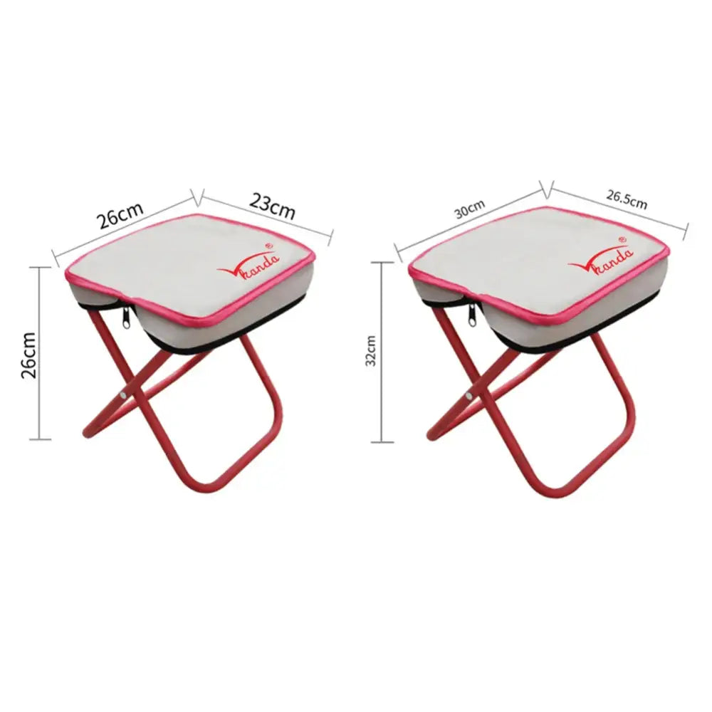 Folding stool or table with a padded seat and red metal frame.