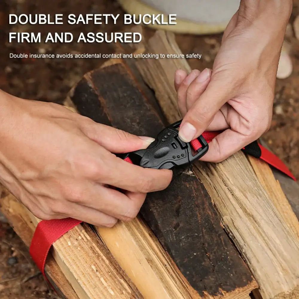 Double safety buckle being fastened on a red strap.