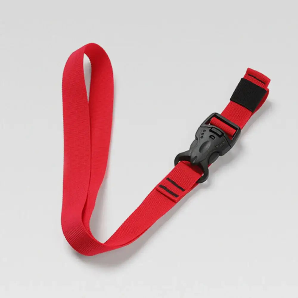 Red lanyard with a plastic clip fastener.