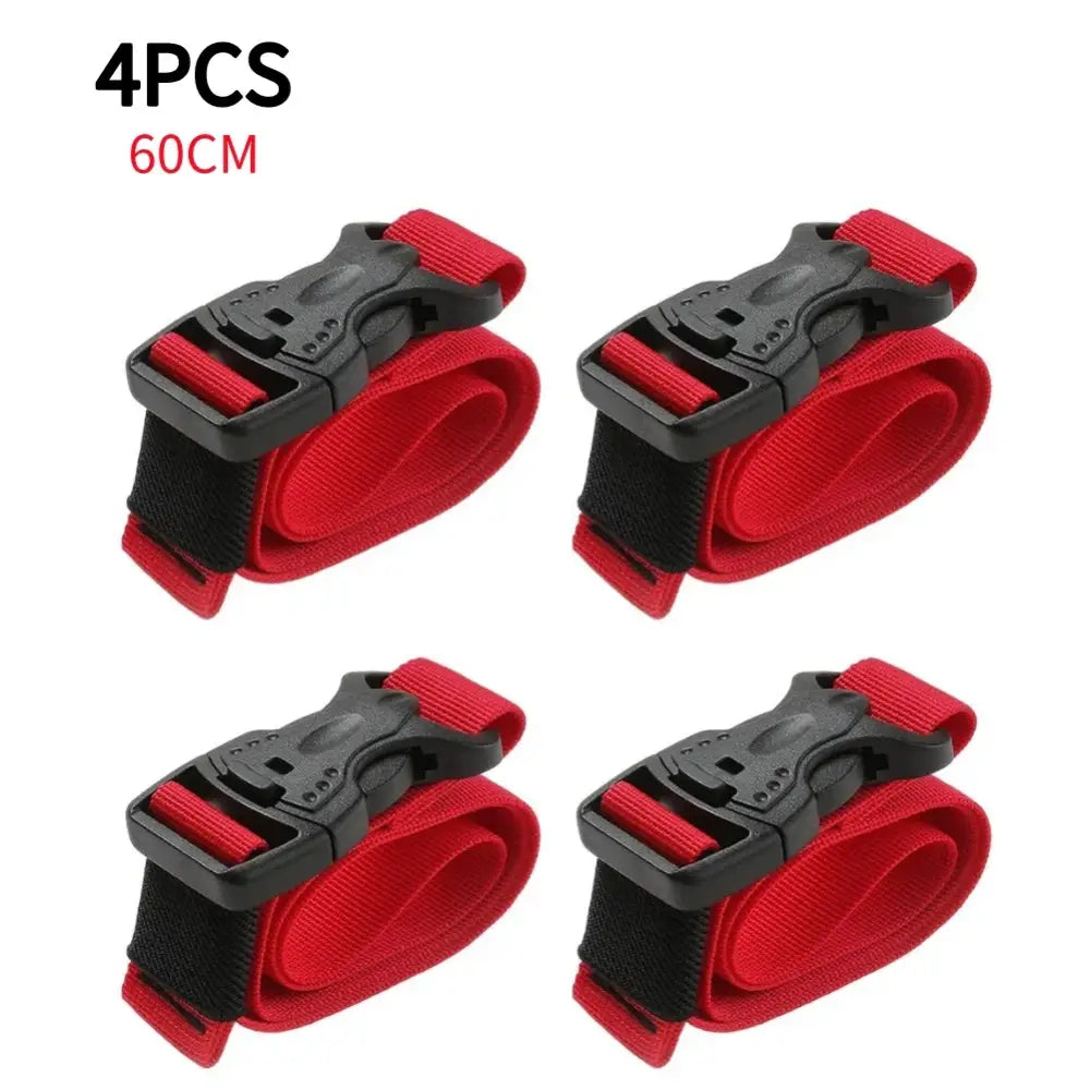 Set of four red nylon straps with black plastic quick-release buckles.