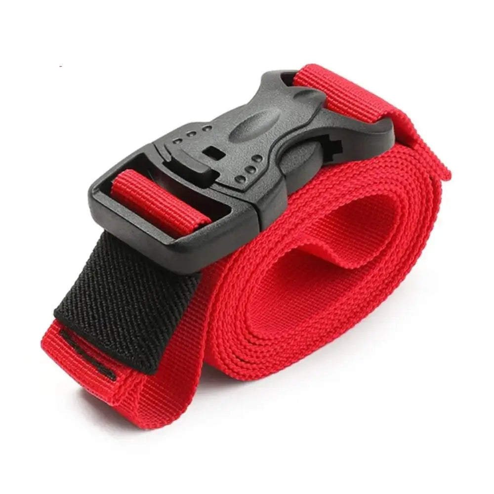 Red nylon luggage strap with a black plastic buckle.