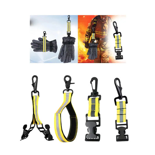 Set of glove clips and gear holders with reflective yellow stripes for attaching equipment to firefighter gear.