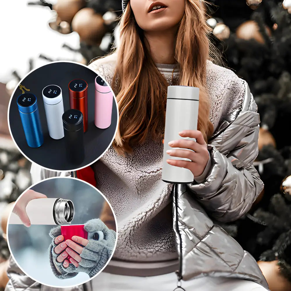 Reusable insulated travel mug or thermos in various colors.