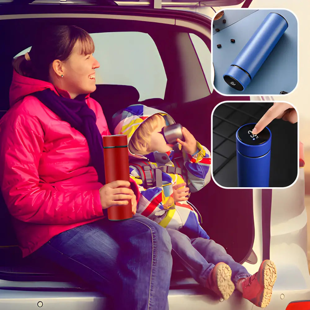 Person sitting in a vehicle holding a travel mug and a child.