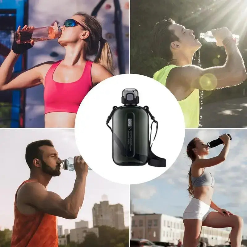 Black insulated water jug with a carrying strap.