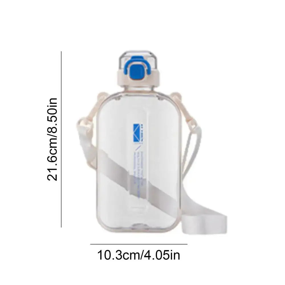 Clear plastic water bottle with a blue cap and white strap.