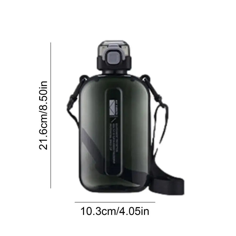 Dark green water bottle with a shoulder strap and cap.