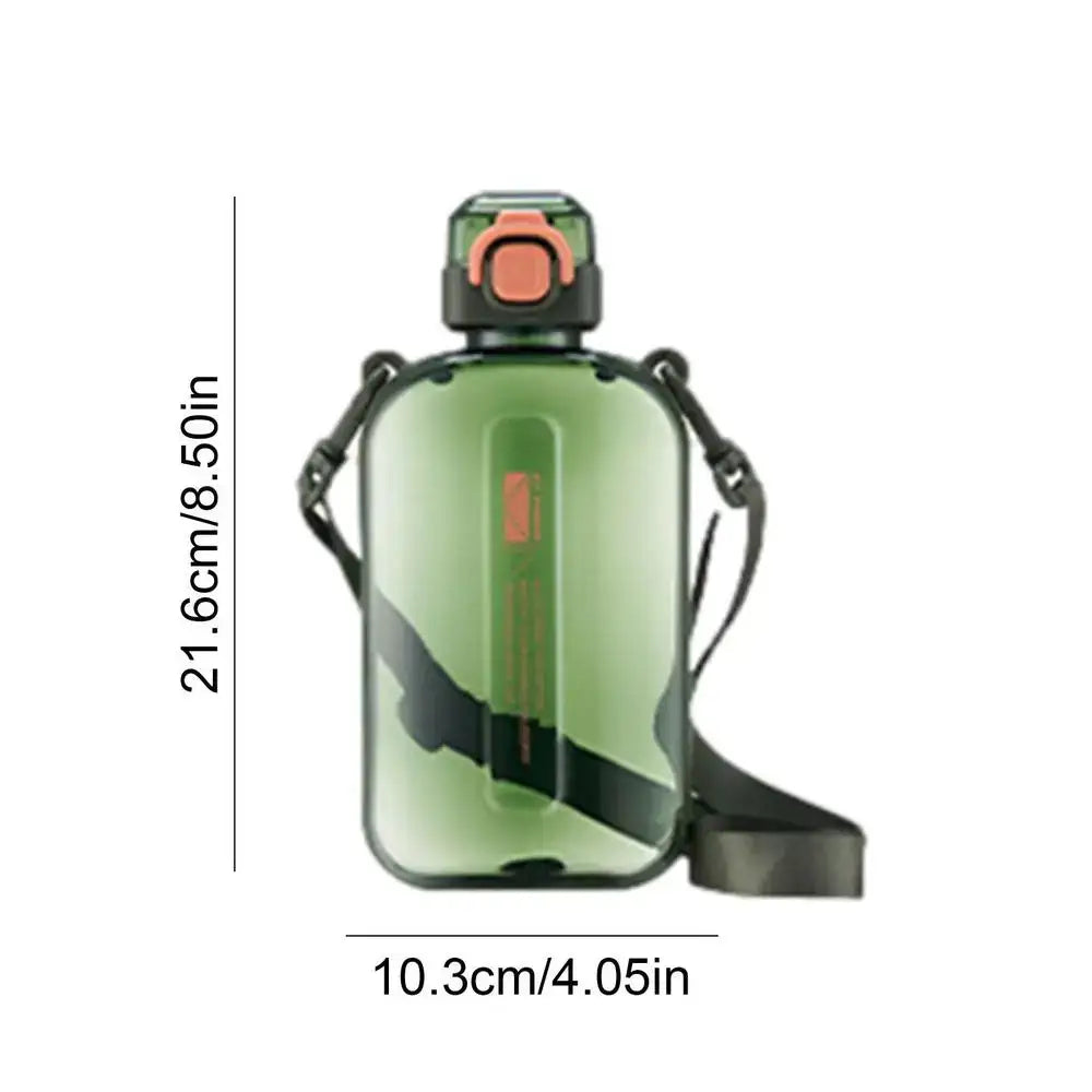 Green water bottle with a strap and arms-like protrusions on the sides.