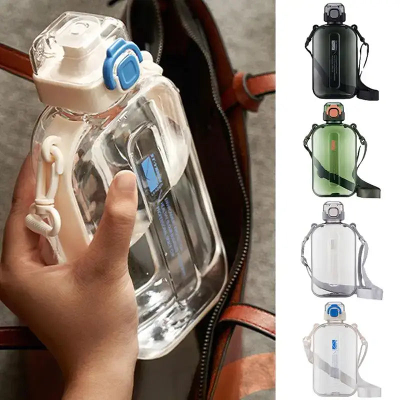 Reusable plastic water bottle with a flip-top lid and carrying strap.