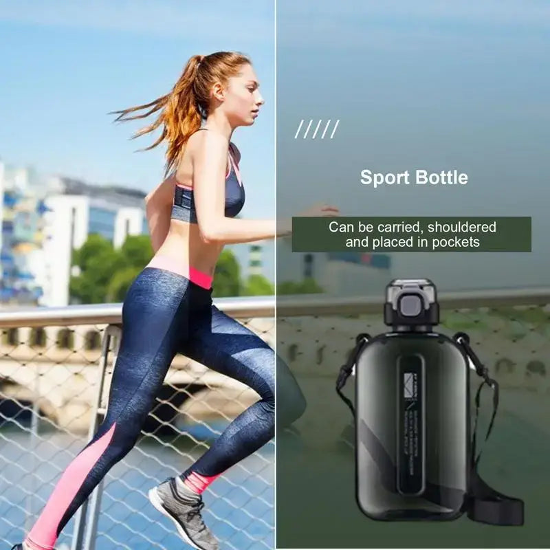 Split-screen image showing a woman jogging and a sport water bottle.