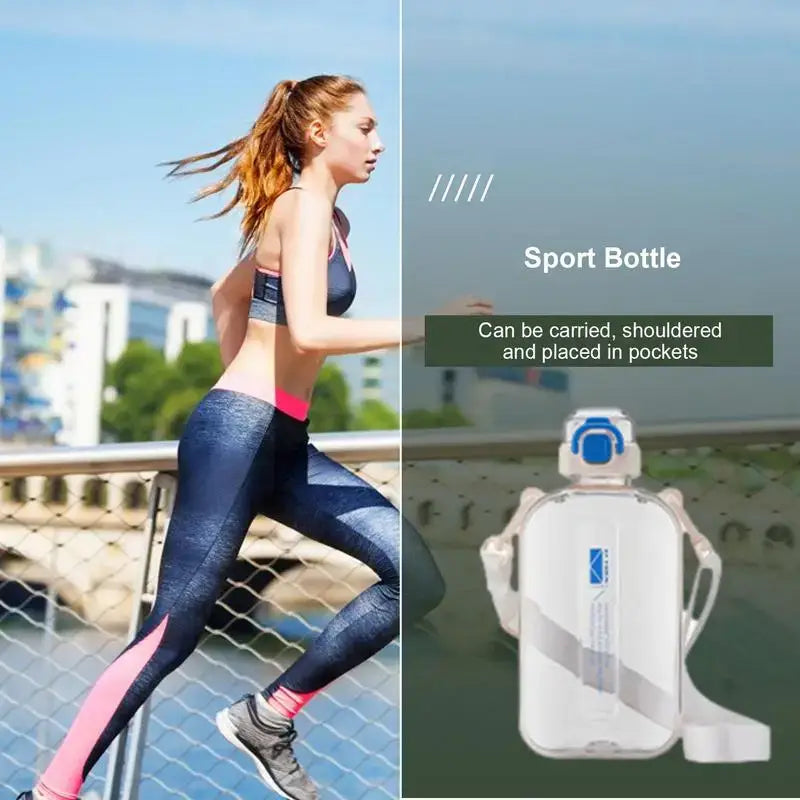 Split-screen image showing a woman jogging and a sport bottle advertisement.