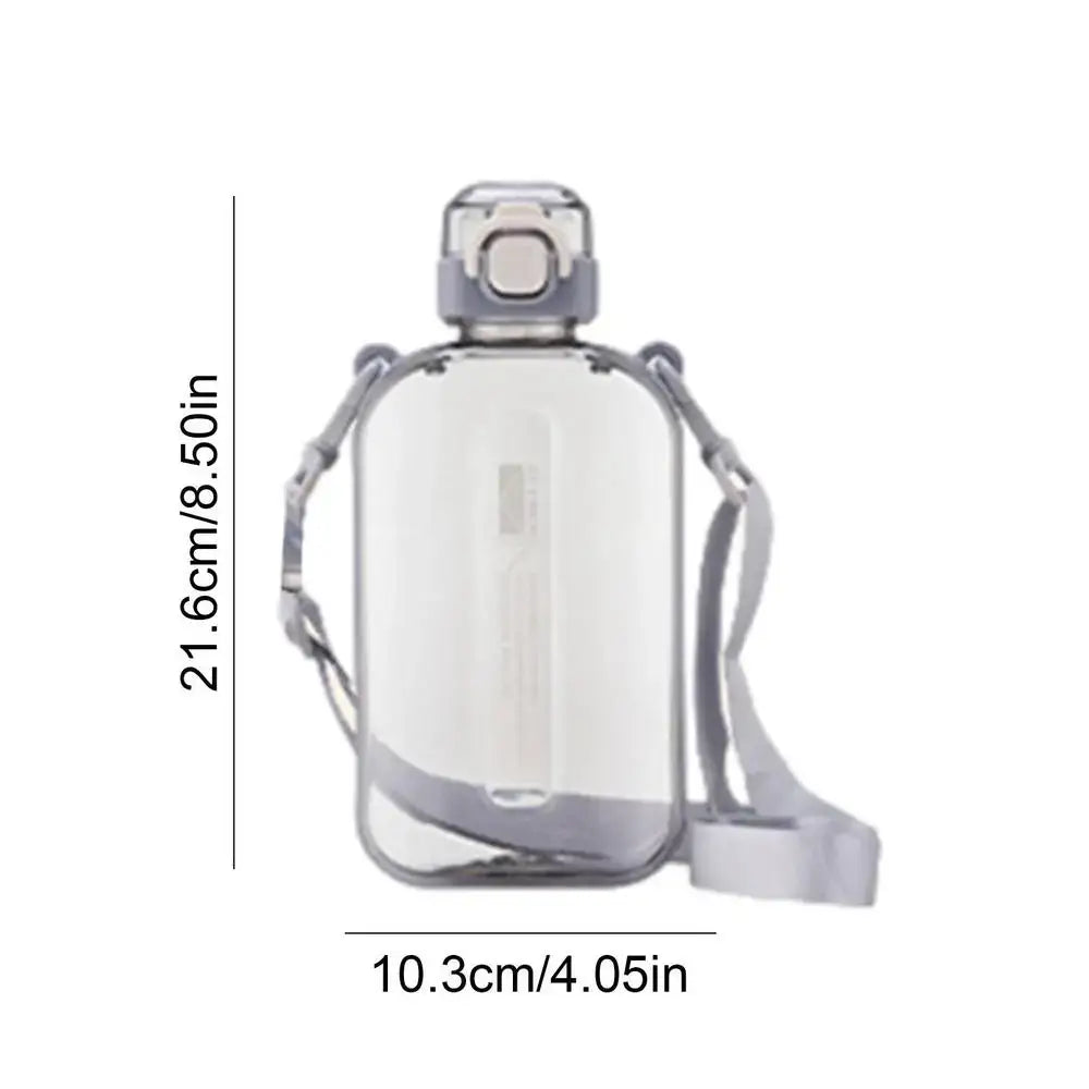 Transparent water bottle with a gray cap and strap.