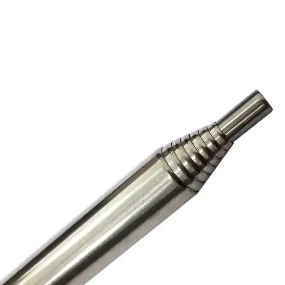 Metallic pen or stylus with a ribbed grip section near the tip.