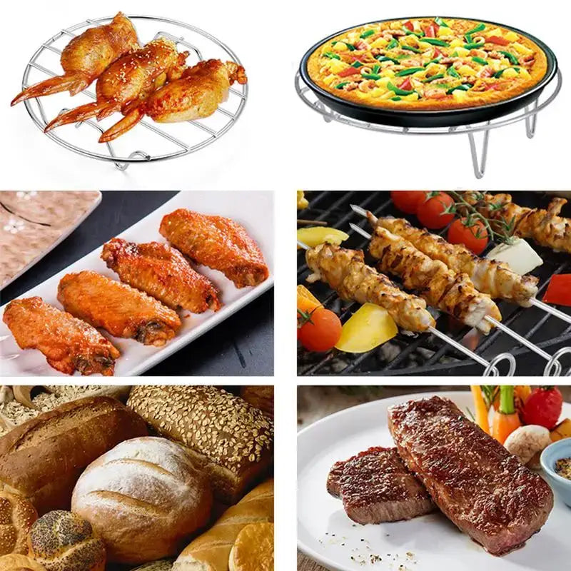 Collage of various prepared food dishes including roasted chickens, pizza, chicken wings, kebabs, bread loaves, and steak.