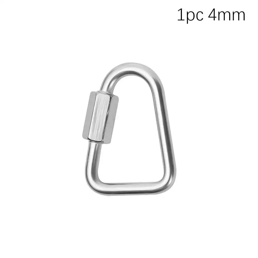 Triangular metal carabiner with a screw-lock gate.