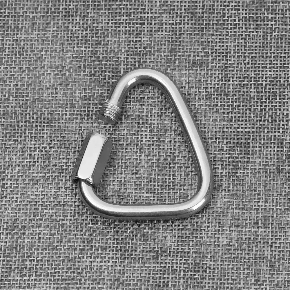 Triangular metal carabiner with a screw-lock gate.