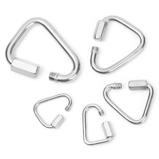 Metal carabiners or quick links in various triangular shapes and sizes.