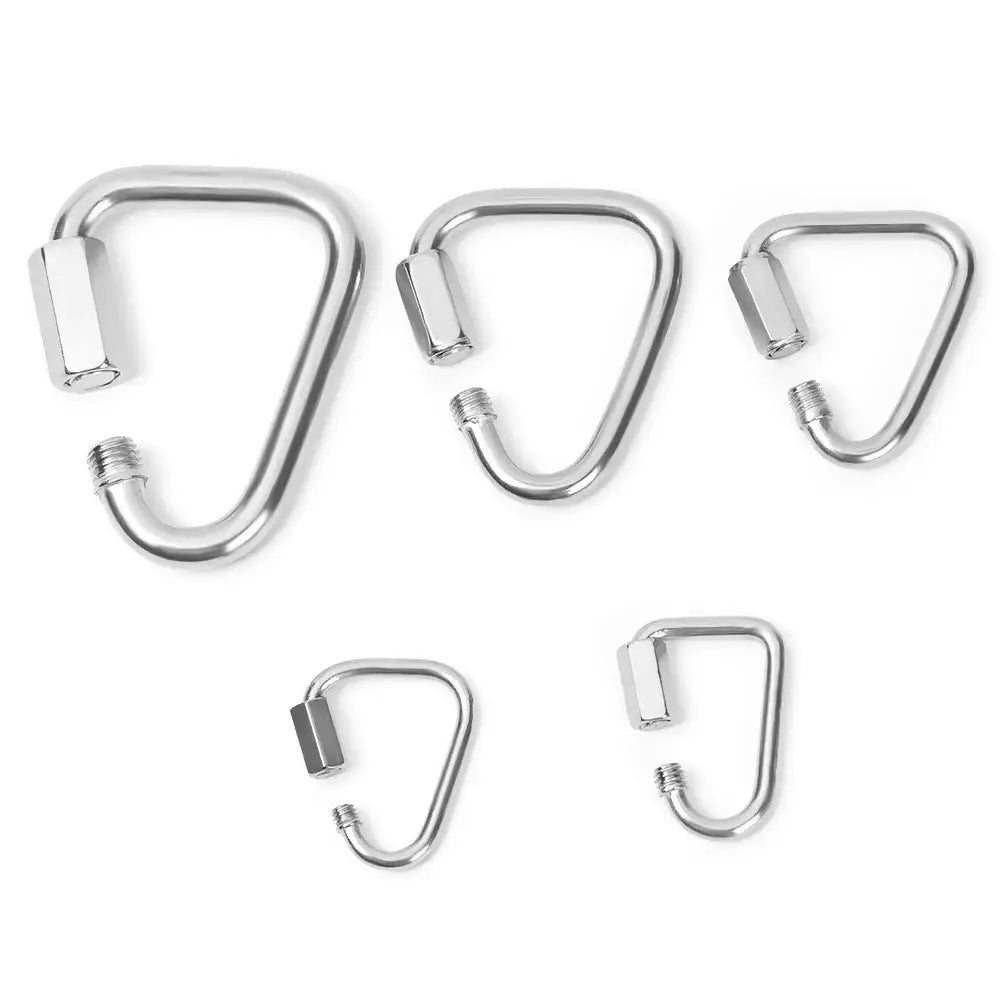 Metal carabiners or snap hooks in various sizes.