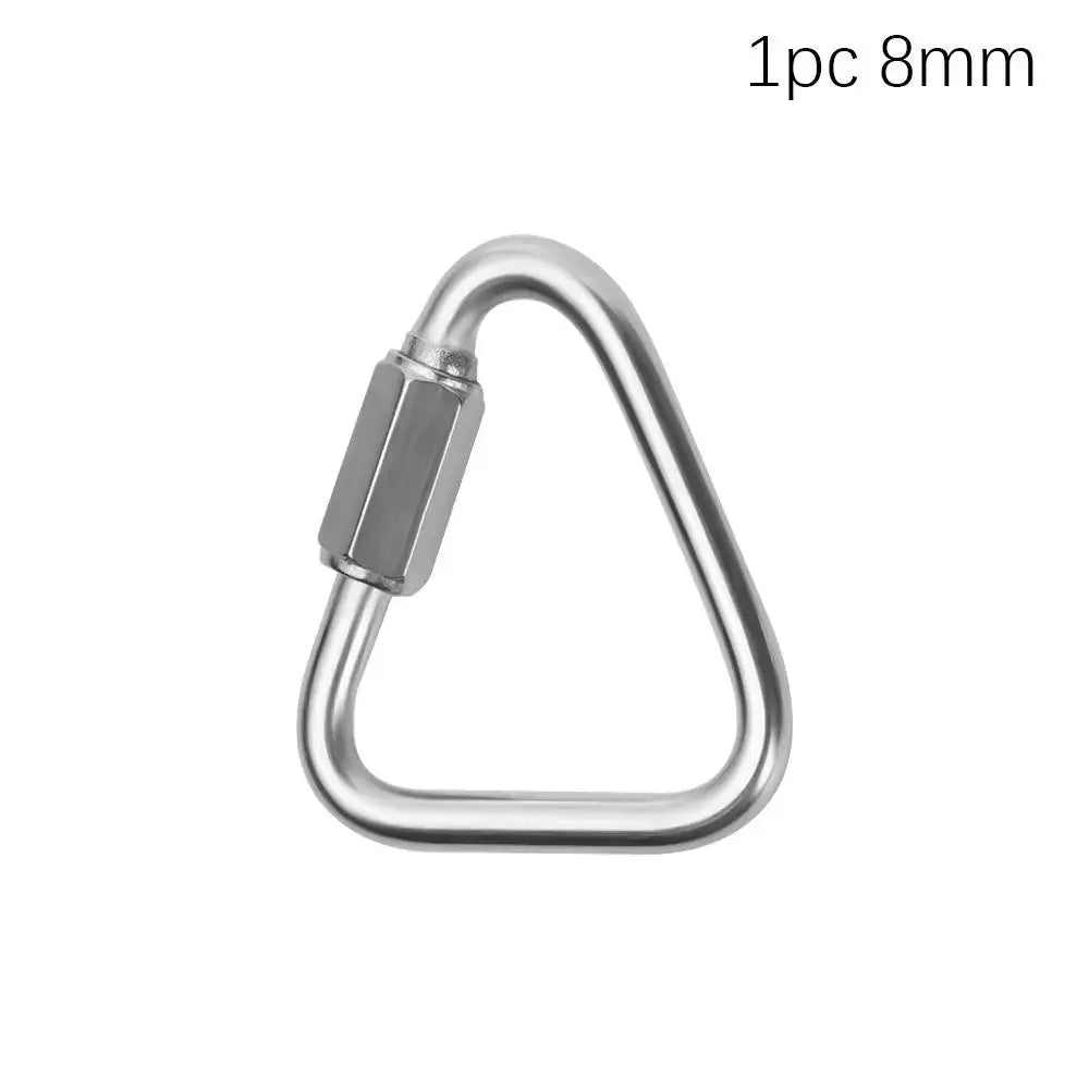 Triangular metal carabiner or quick link with a screw gate closure.