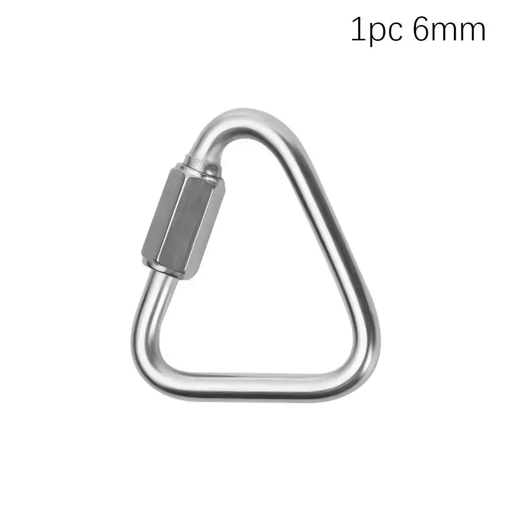 Triangular metal carabiner or quick link with a screw gate closure.