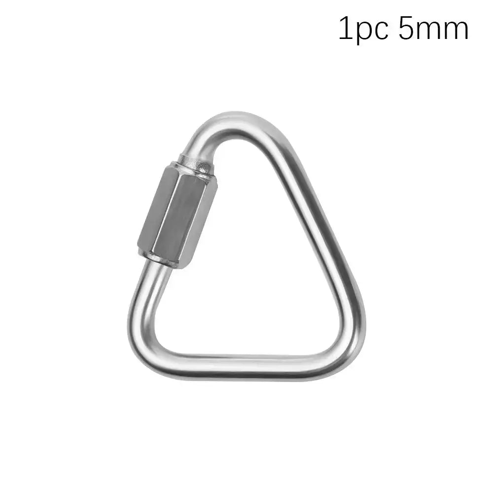 Triangular metal carabiner or quick link with a screw gate closure.