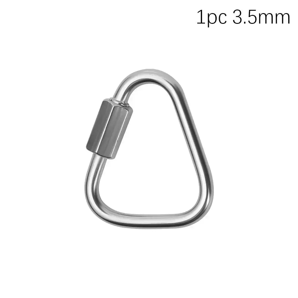 Triangular metal carabiner or quick link with a screw gate closure.