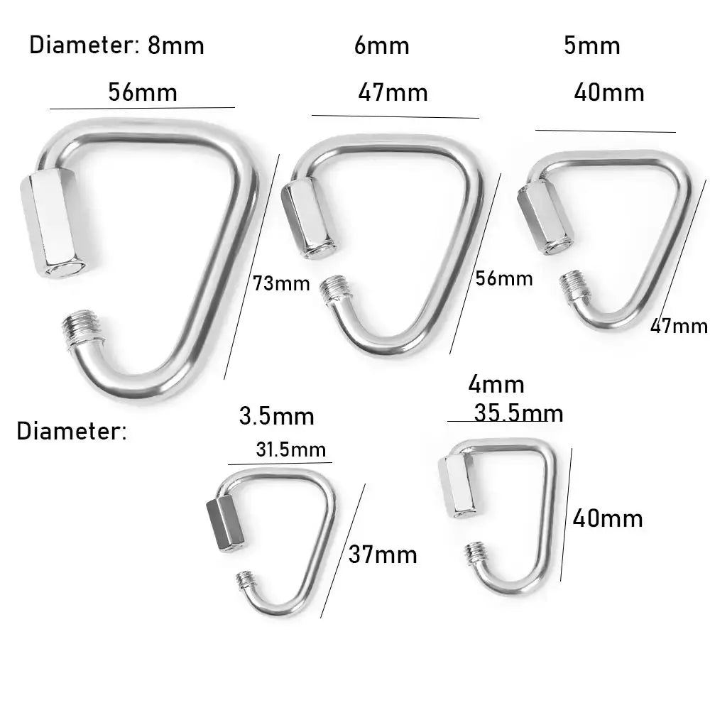 Metal S-hooks or carabiners in various sizes with measurements labeled.