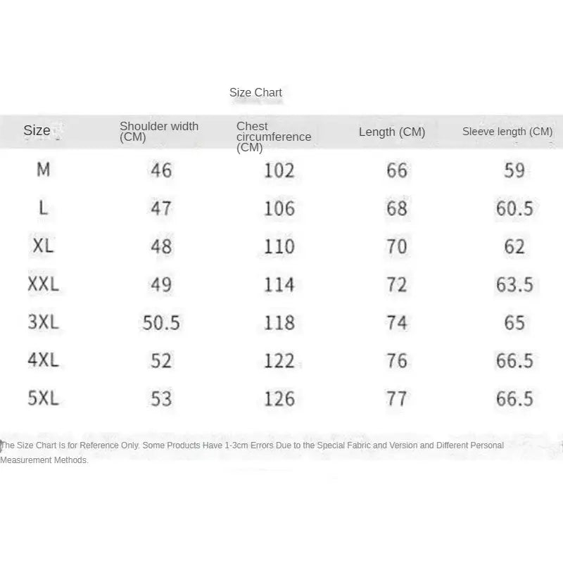 Size chart displaying measurements for various clothing sizes from M to 5XL.