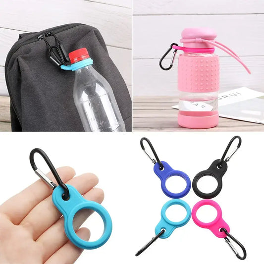 Silicone bottle holders with carabiner clips in various colors.