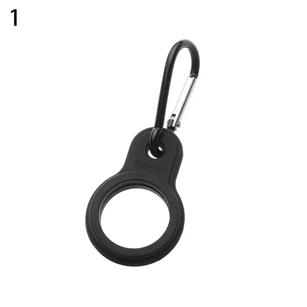 Black silicone protective case with a carabiner clip for an Apple AirTag.