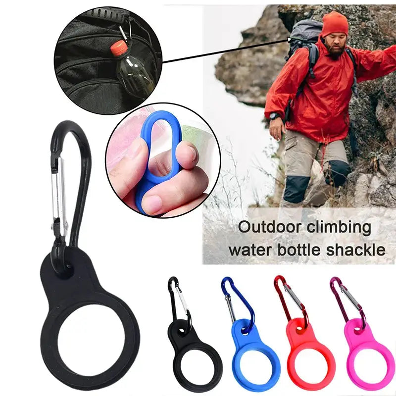 Carabiner-style clip designed to hold water bottles for outdoor activities.