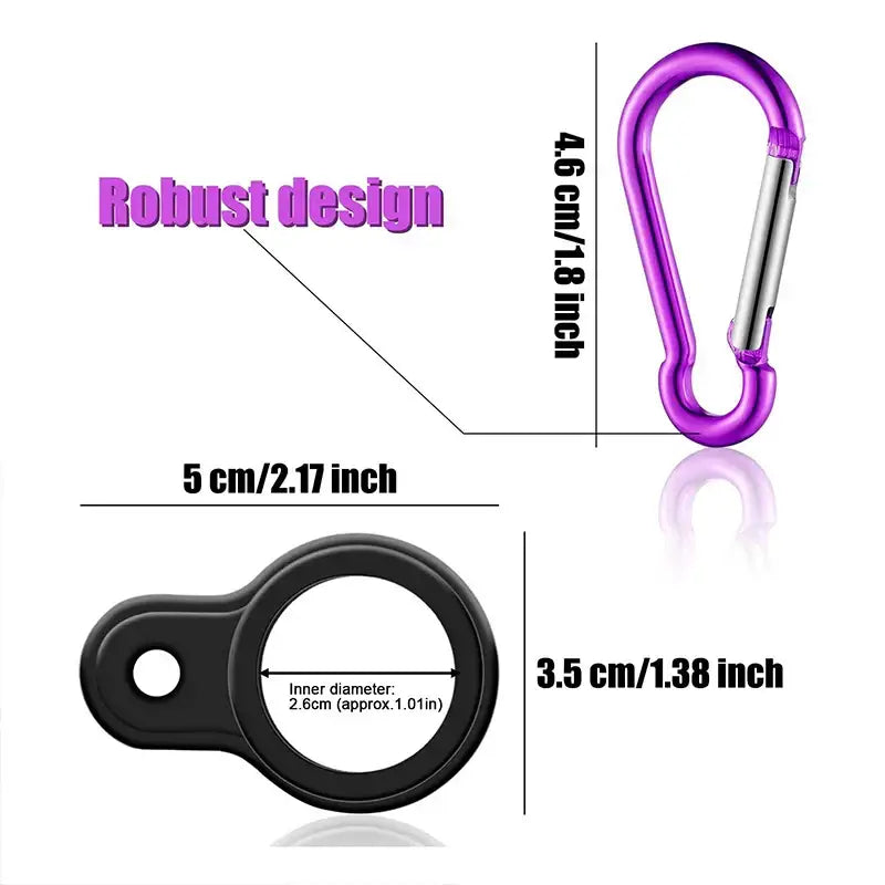 Carabiner clip and rubber loop attachment with labeled dimensions.