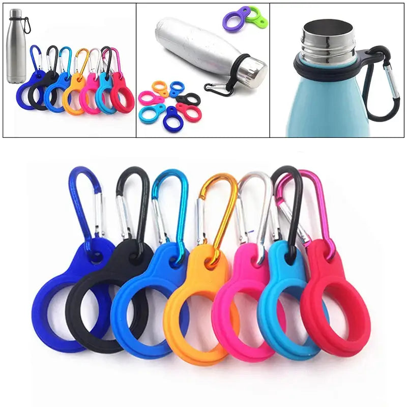 Colorful silicone bottle holders with carabiner clips.