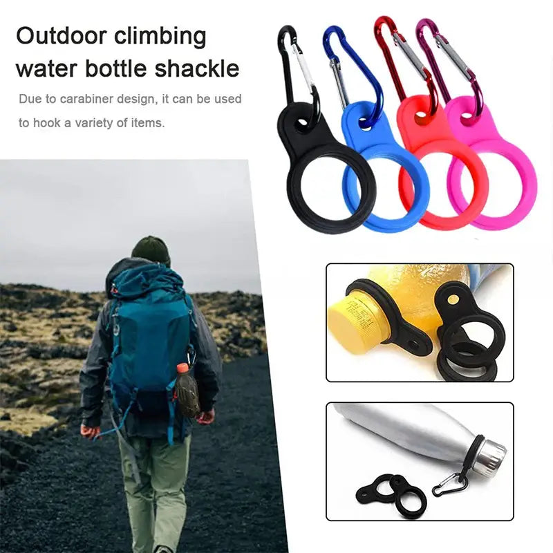 Colorful carabiner-style water bottle holders with circular grips for outdoor activities.