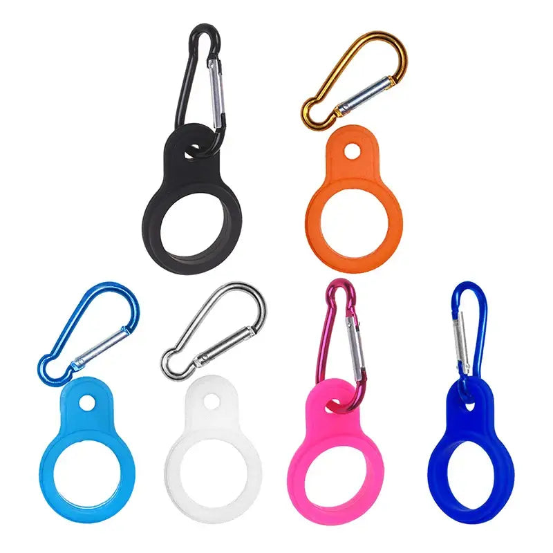 Colorful silicone holders with carabiners for attaching water bottles or other items.