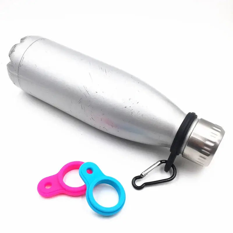 Stainless steel water bottle with a carabiner clip and colorful silicone bottle holders.