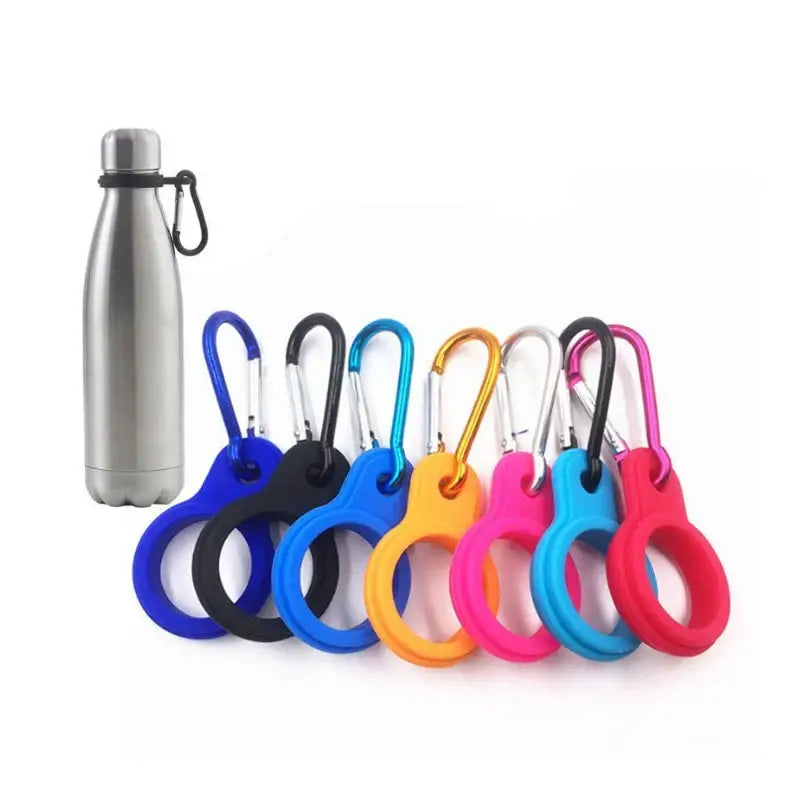 Stainless steel water bottle with colorful silicone holders and carabiners.