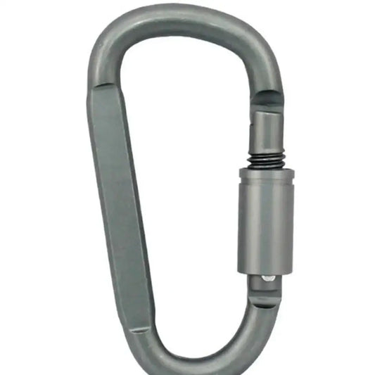 Metallic gray carabiner with a screw-lock gate mechanism.