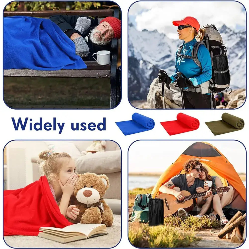 Blanket or sleeping bag shown in various outdoor and indoor scenarios.