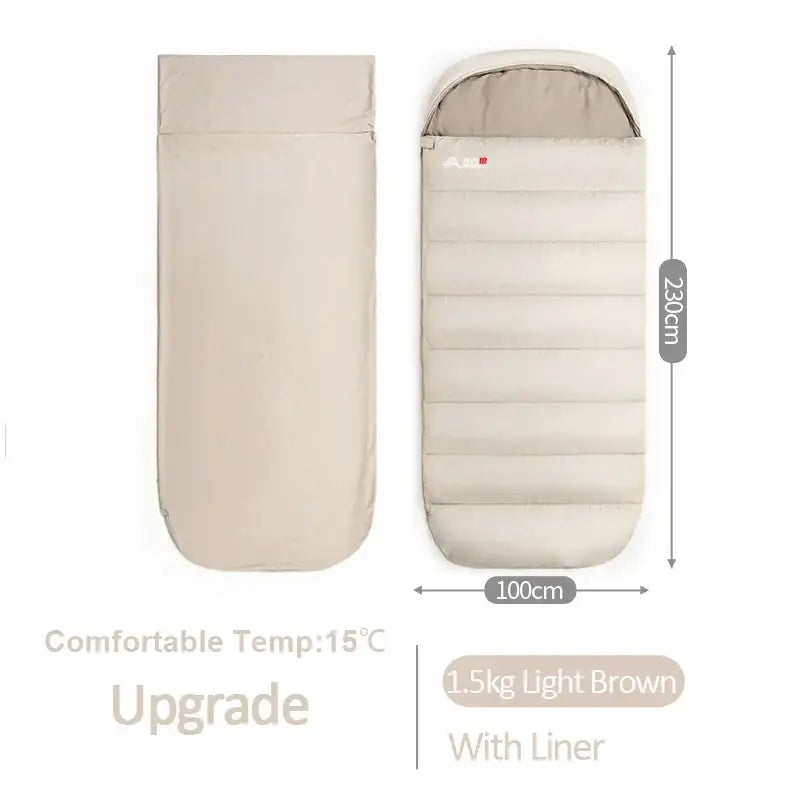 Sleeping bag or camping bedroll in light beige color with a detachable liner.