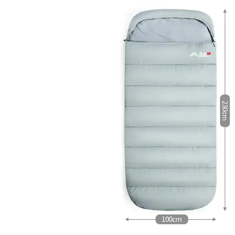 Light gray sleeping bag with horizontal quilted sections.