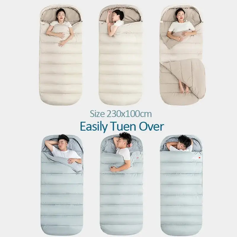 Sleeping bag or padded sleeping mat shown in various configurations with people inside.